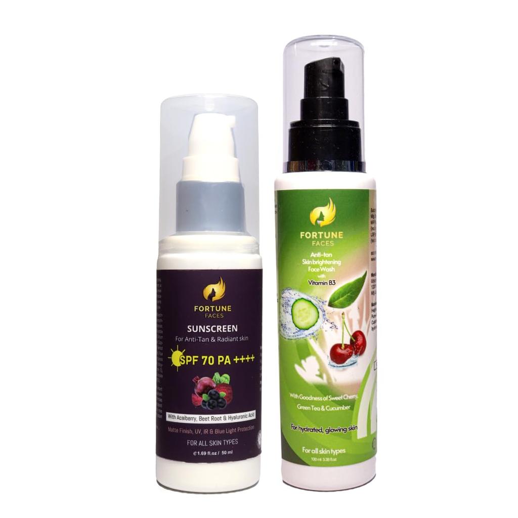 Fortune Faces Hydrating Anti-tan Skin Brightening Face Wash | Gentle Cleanser - 100Ml & Fortune Faces SPF 70 PA++++ Sunscreen For Anti-tan and Radi