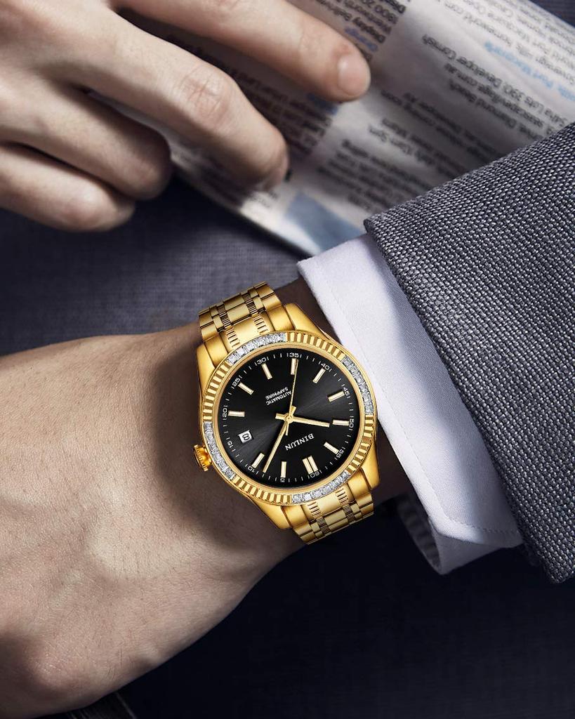 BINLUN Gold Mechanical Automatic Business Popular with Stainless Date Display Men's Watch, Waterproof, Stylish, Casual, Watch, Gentlemen, Steel,
