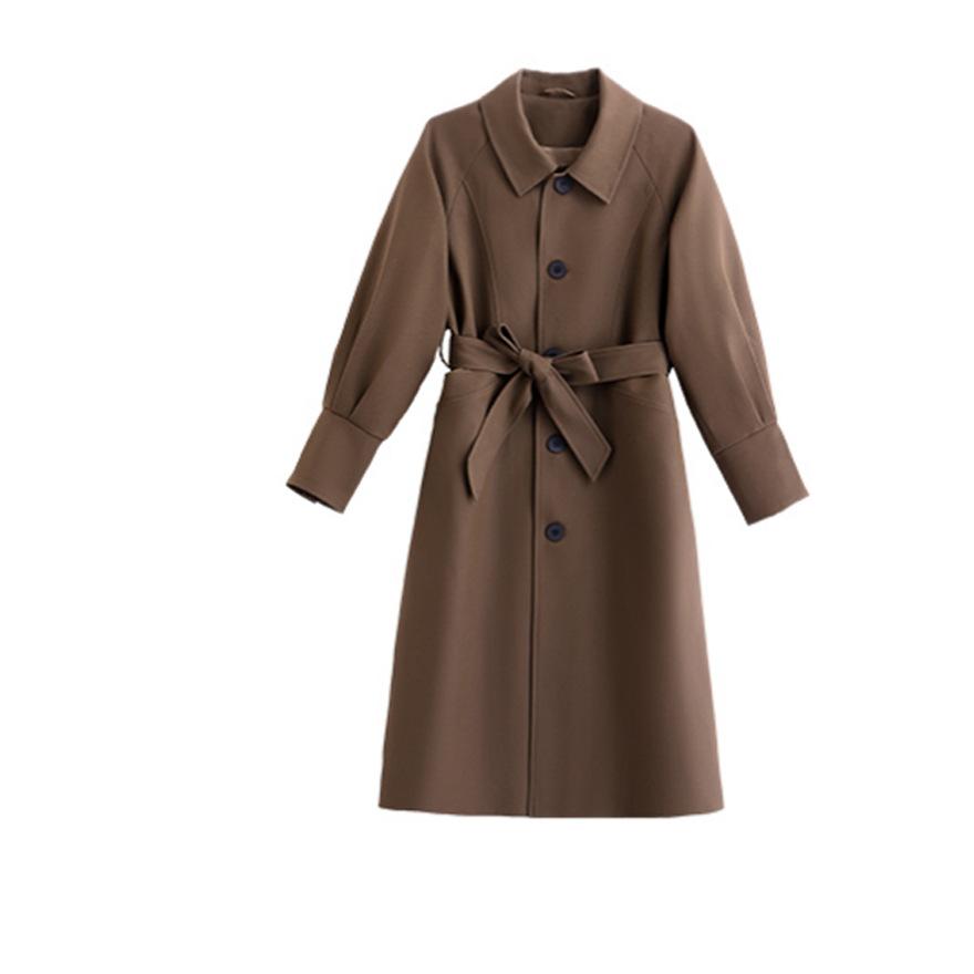 Coffee trench coat women's spring and autumn style small temperament versatile waist knee long coat