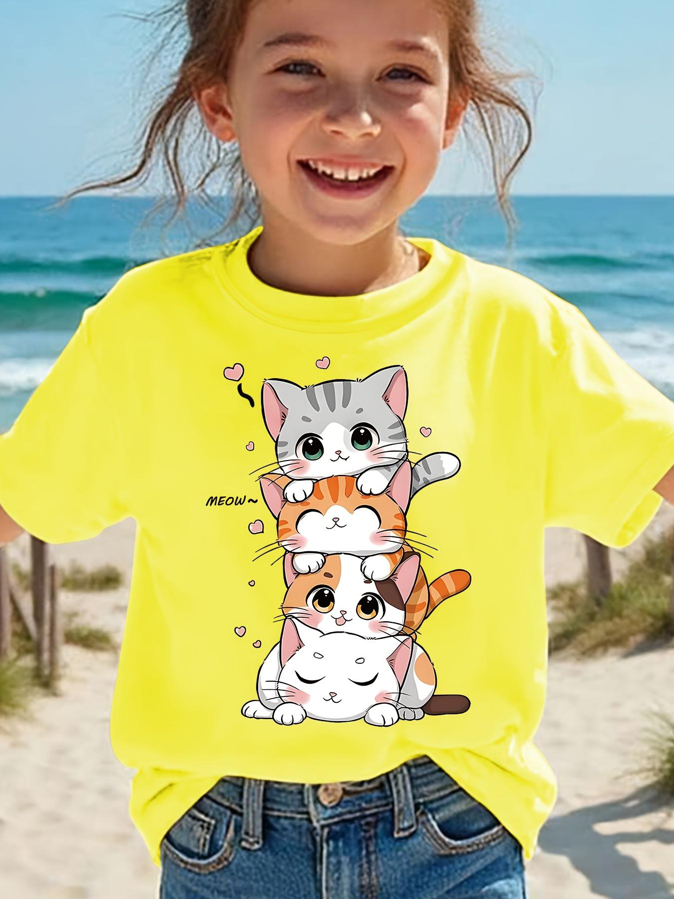 2026 Summer Fashion Girls ShortSleeve Cotton TShirt with Cute Kitten Cartoon Print Casual Top Birthday Gift 100