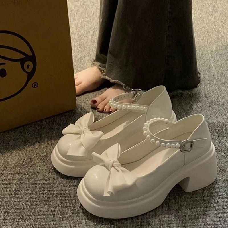 Mary Jane small leather shoes women's spring new thick-soled heightening bow with skirt thick heel high heel single shoes