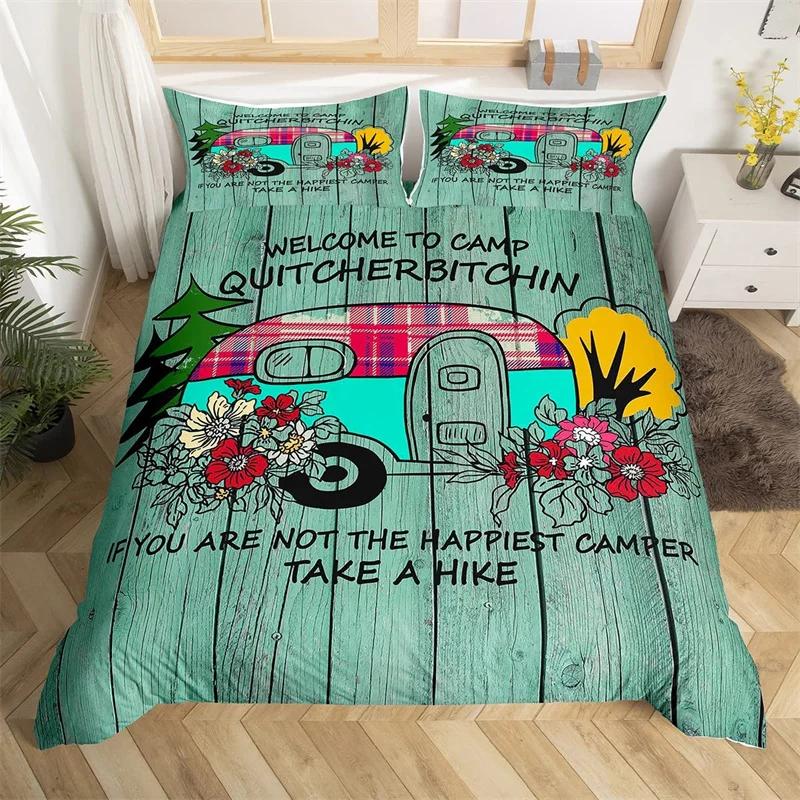 Camper Bedding Set Vintage Cabin Twin Full King Duvet Cover Cartoon Camp Travel Car Quilt Cover Farmhouse Style Comforter Cover