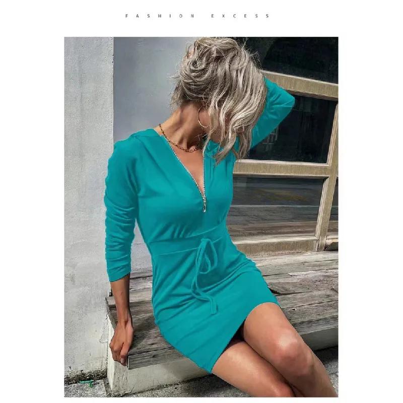 Abito da donna con cappuccio Maniche lunghe cerniera Scollo a V vita aderente avvolgente sui fianchi felpa abito