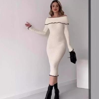 2024 Autumn Off-Shoulder Color Block Bodycon Dress with Slim Long Sleeves - Women's European & American Fashion Shawl