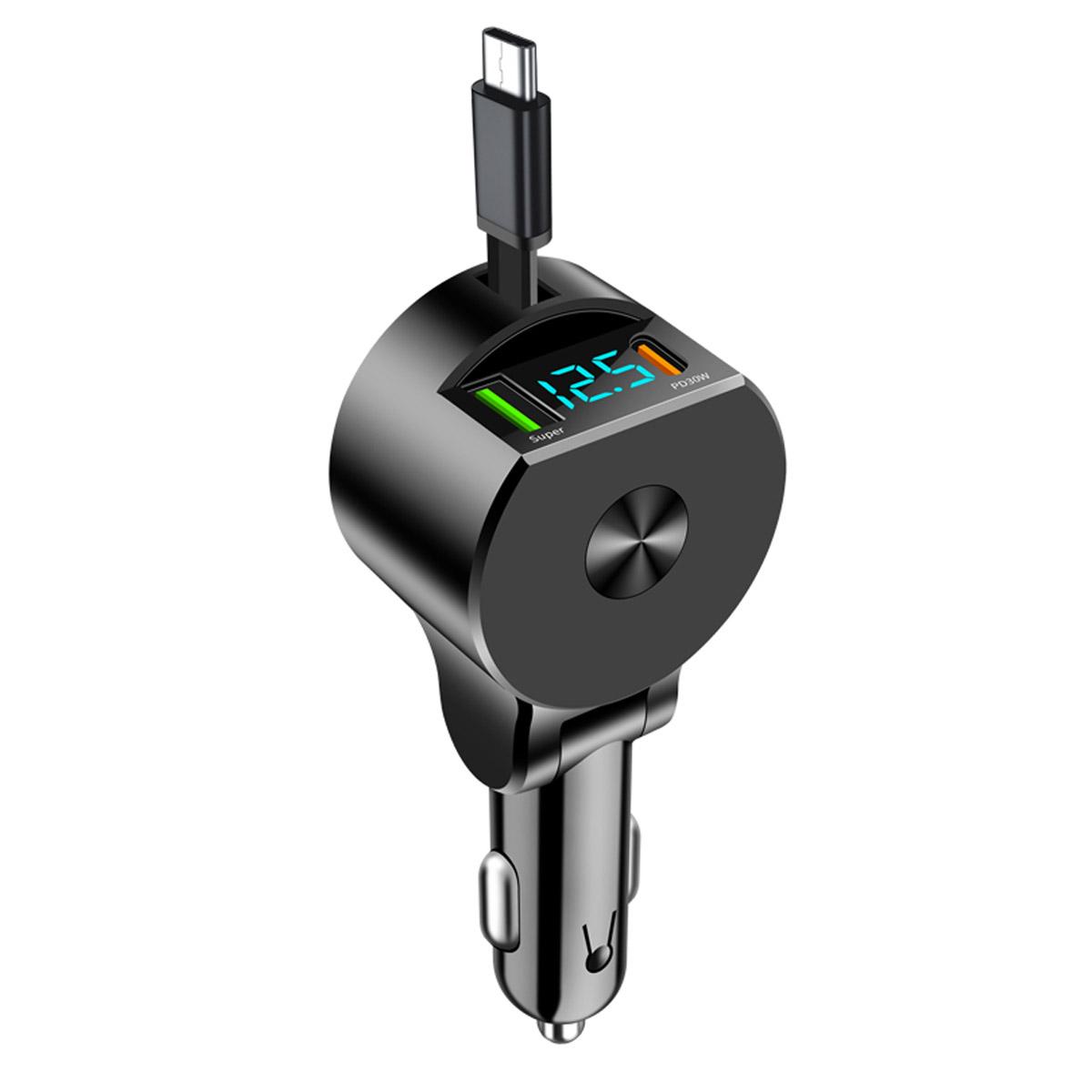 

Автомобильное зарядное устройство Сверхбыстрое выдвижное автомобильное зарядное устройство для телефона USB QC3.0 Type C PD Быстрая зарядка Выдвижные кабели Определение напряжения чёрный