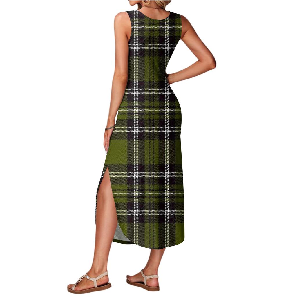 Women's Summer Long Dress, Sleeveless with Side Slits, Long Plaid Printed Vest Dress