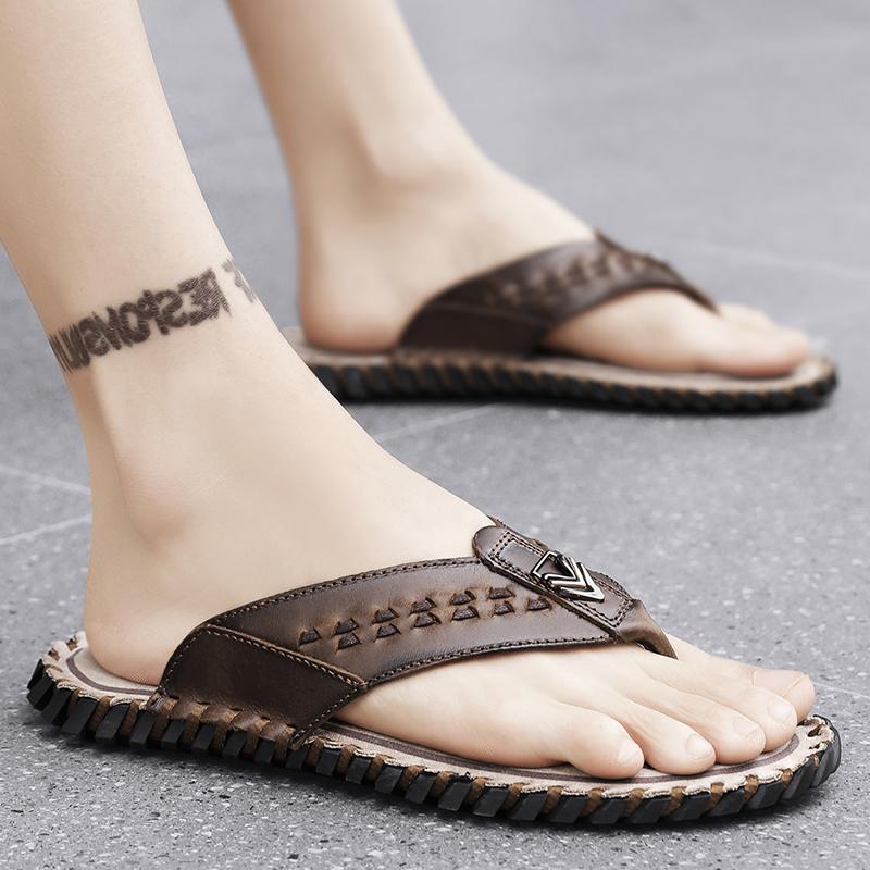 Herrtofflor Platta Tofflor Extra Breda Slip-on Sandaler Utomhus Strand Casual Mjuka Gåskor Lädertofflor Plusstorlek