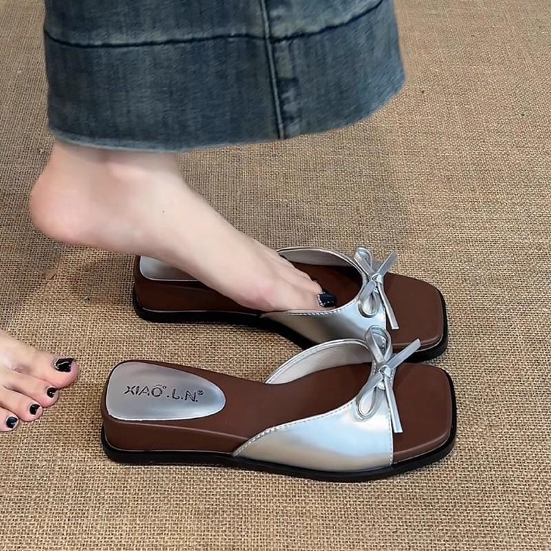 Bow versatile cool slippers women's summer French casual super fire slope with sandals fashion with skirt slippers