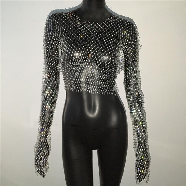 Women Sexy Mesh See Through T Shirt Shiny Rhinestone Fishnet Hollow Out Crop Top Long Sleeve Beach Cover Up Party Club Tank Tops
