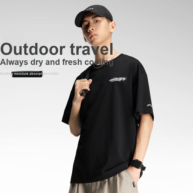 Li-Ning Outdoor Quick-Dry Cool Ice Feel Comfortable Loose Round Neck Short Sleeve T-Shirt Unisex Tops Black ATSW045-2