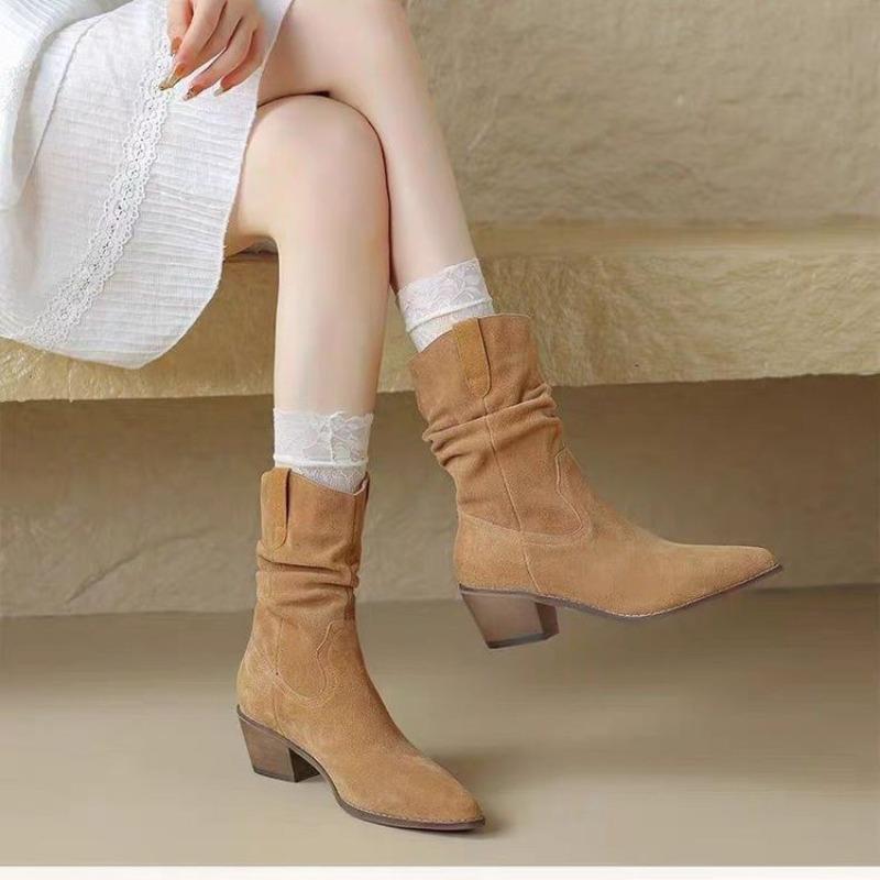 Fashion Autumn Women's Boots Pionted Toe Low Heel Shoes for Women Slip-on Platform Modern Boots Outdoor Fashion Anti-slip Mid-calf Shoes