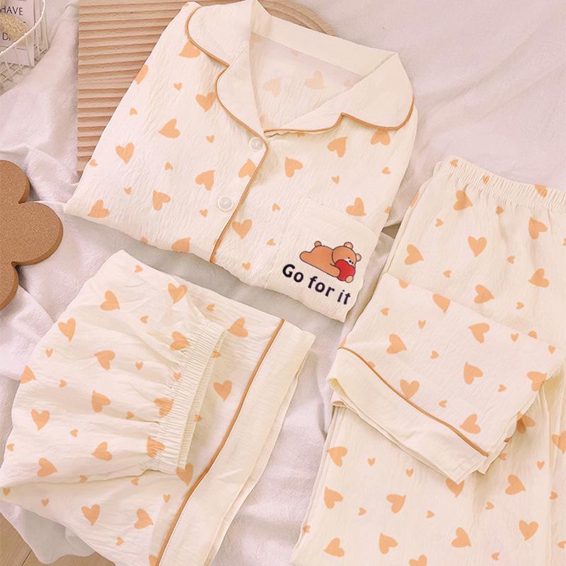Cloud Cotton Pajamas Women'S Summer Fashion Cartoon Love Full Print Short Sleeve Three-Piece Loungewear