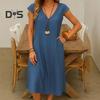 Women's Summer Cotton Linen Midi Dress V-Neck Short Sleeve Dress with Pockets Casual Beach A-Line Sundress