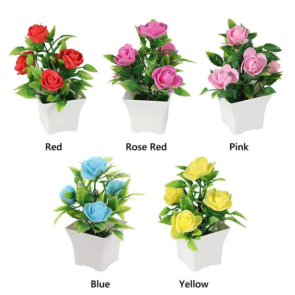 With Pots Artificial Flower Miniscape Realistic Artificial Rose Bonsai Decor Set Vibrant Color Simulated Potted Plant