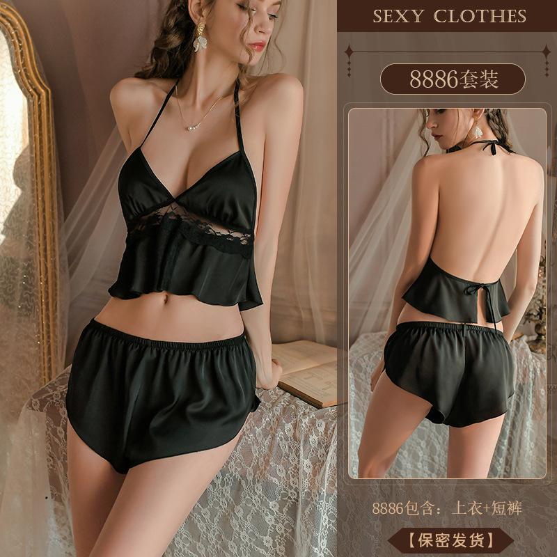 Original Erotic Lingerie, Sexy Deep V Lace Seductive Split Pajamas, Hot and Beautiful Back Uniform Set 8886