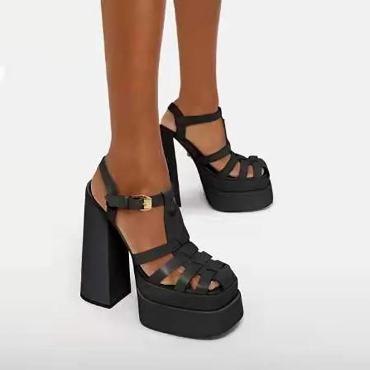 

Fashion Spring and summer 2024 new high-heeled shoes women s one-button high-heeled Roman sandals women s heavy-heeled large sandals 35 чёрный