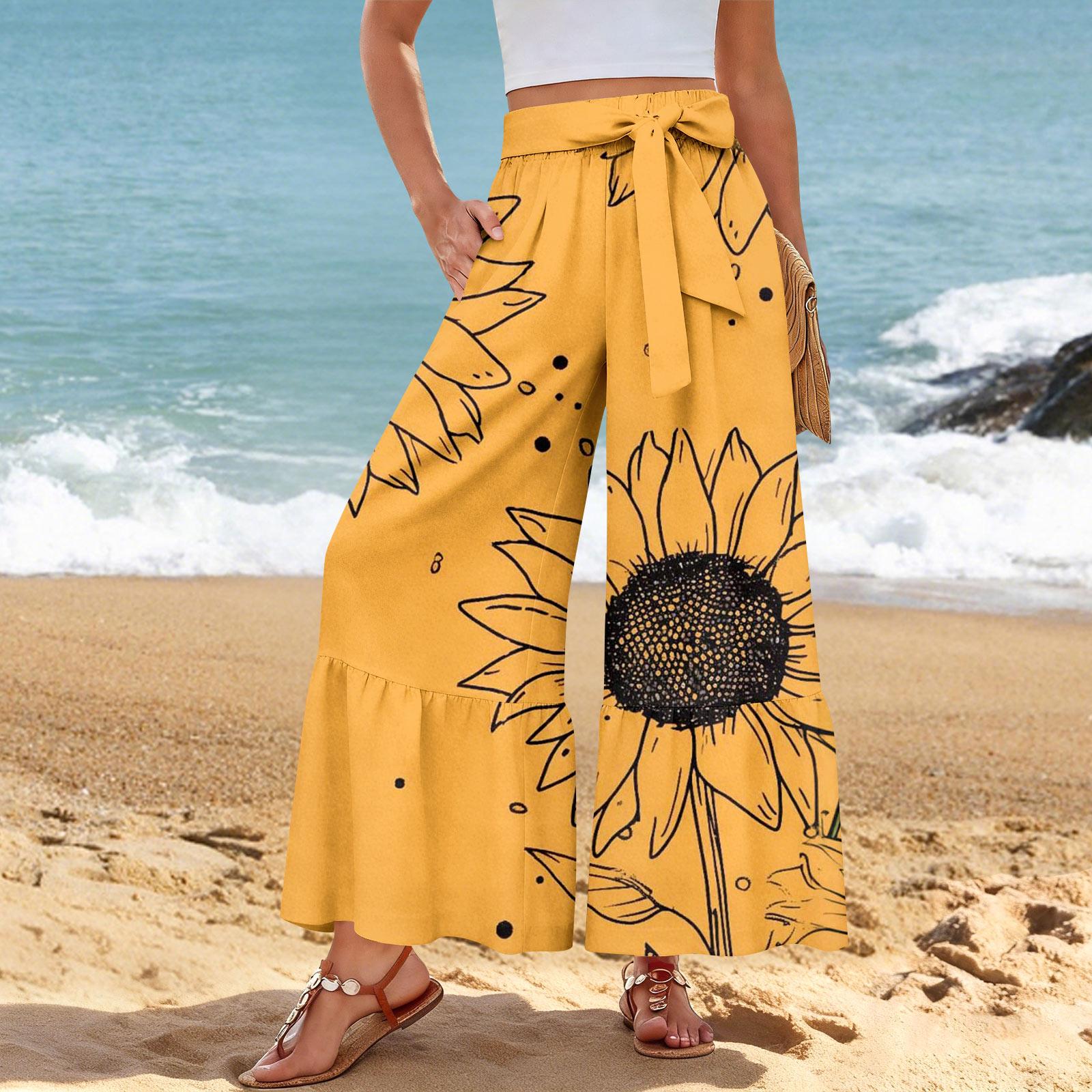

Women s Wide-Leg Casual Pants, Stretch, High Waist, Ruffled Hem, Wide Legs, Belted, And Pockets XXL шафрановий
