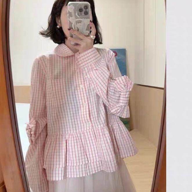 Women s Pink Plaid Shirt with Bow Lace and Doll Collar - Autumn 2026 Niche Loose Design Medium