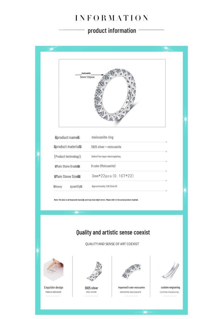 S925 Sterling Silver Moissanite Band Ring for Women - European American Style
