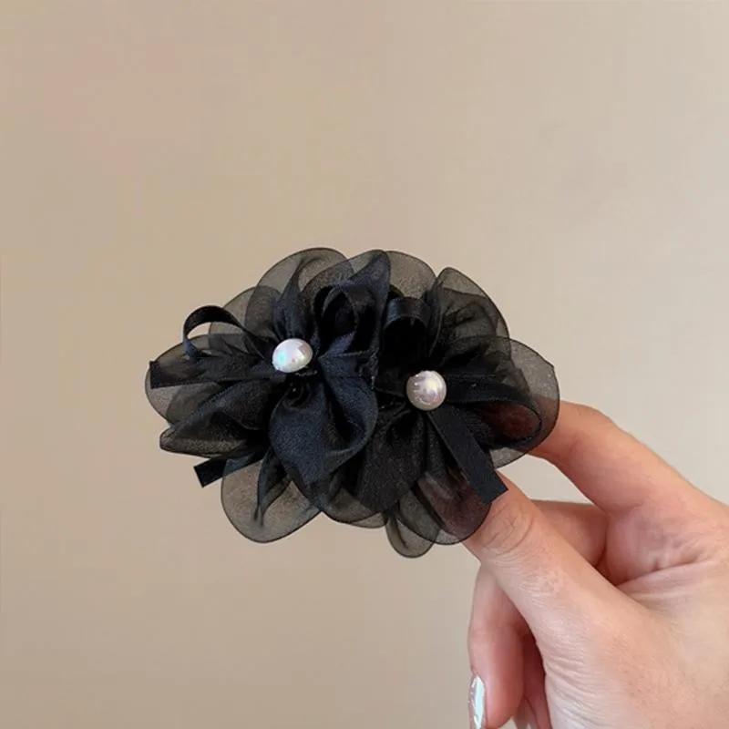 Retro Mesh Double Flower Hair Clip for Woman Sweet Pearl Bow Shark Clip Fashionable Girl's Back Head Hair Clamp