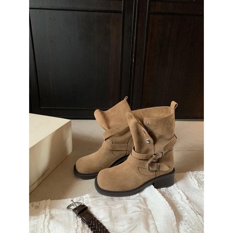 Cowhide Version~ Heightening .5 Martin Boots Women's Maillard Thick Heel Boots Thick-soled Buckle Short Boots