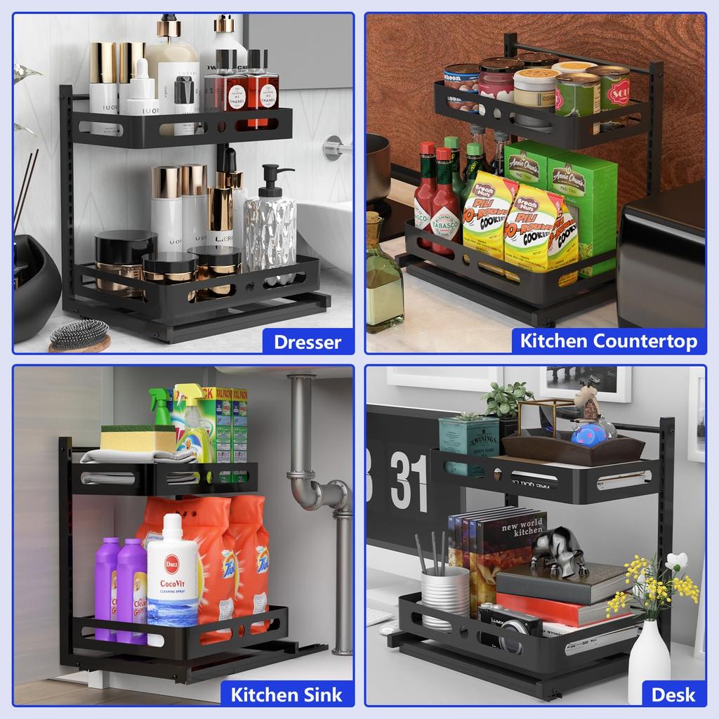 Under Sink Organizers, Metal Sliding Cabinet Basket and Storage Organizer 2 Tier Pull Out Cabinet Organizer for Kitchen Bathroom