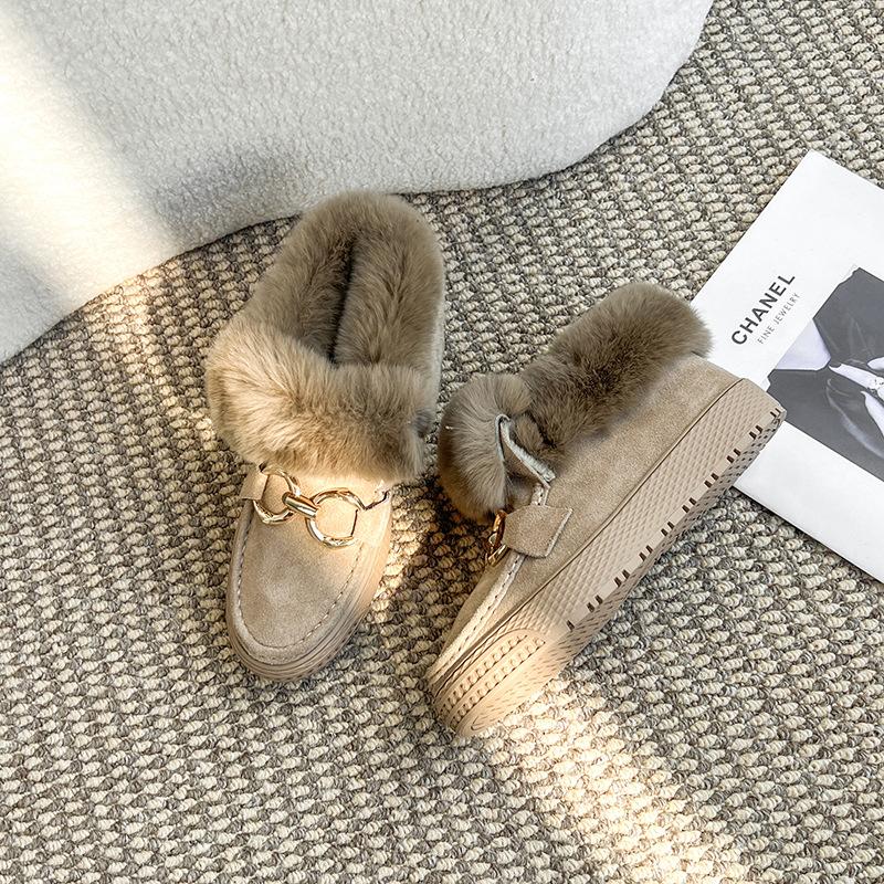 Leather fur shoes women's winter new Doudou shoes women's cotton shoes piled thickened soft sole non-slip warm black cotton boots