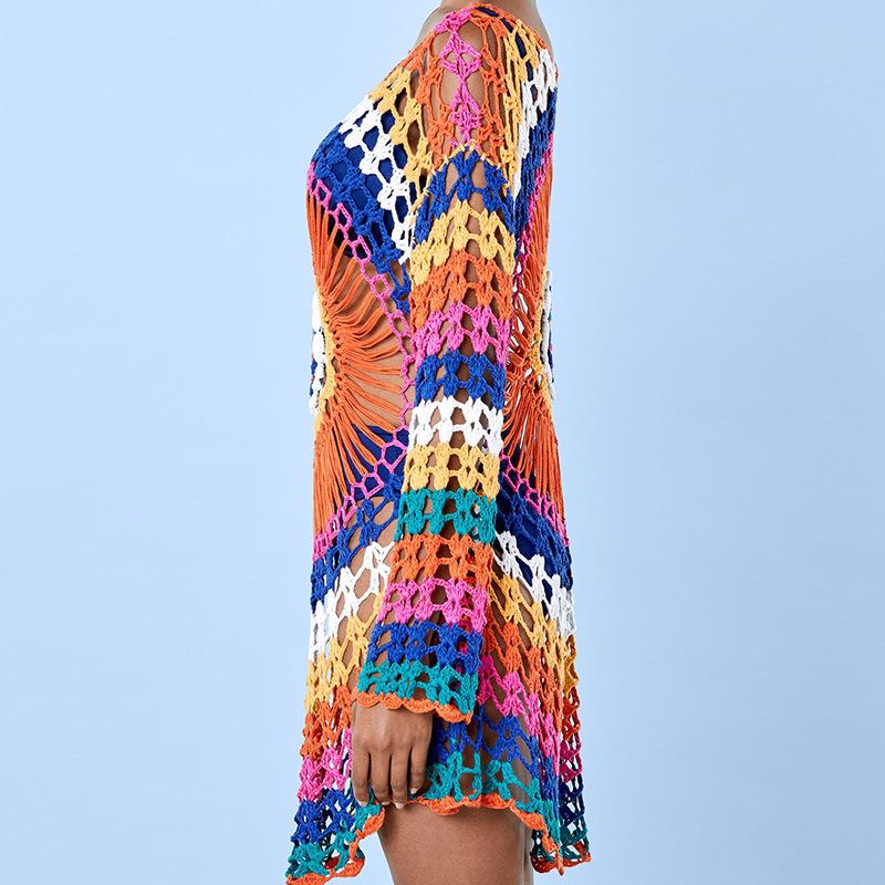 Handmade Crochet Colorful Long Sleeve Beach Cover-up for Women - Knit Hollow Out Bikini Outerwear