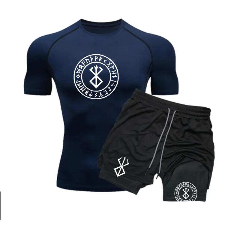 Men's Anime Double-Layer Quick-Dry Shorts & Tee Set for Outdoor Running & Fitness