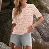 Women Tops Round Neck Puff Short Sleeve Hollow Lace Pullover Tops Solid Color Loose Fit Summer T-shirt