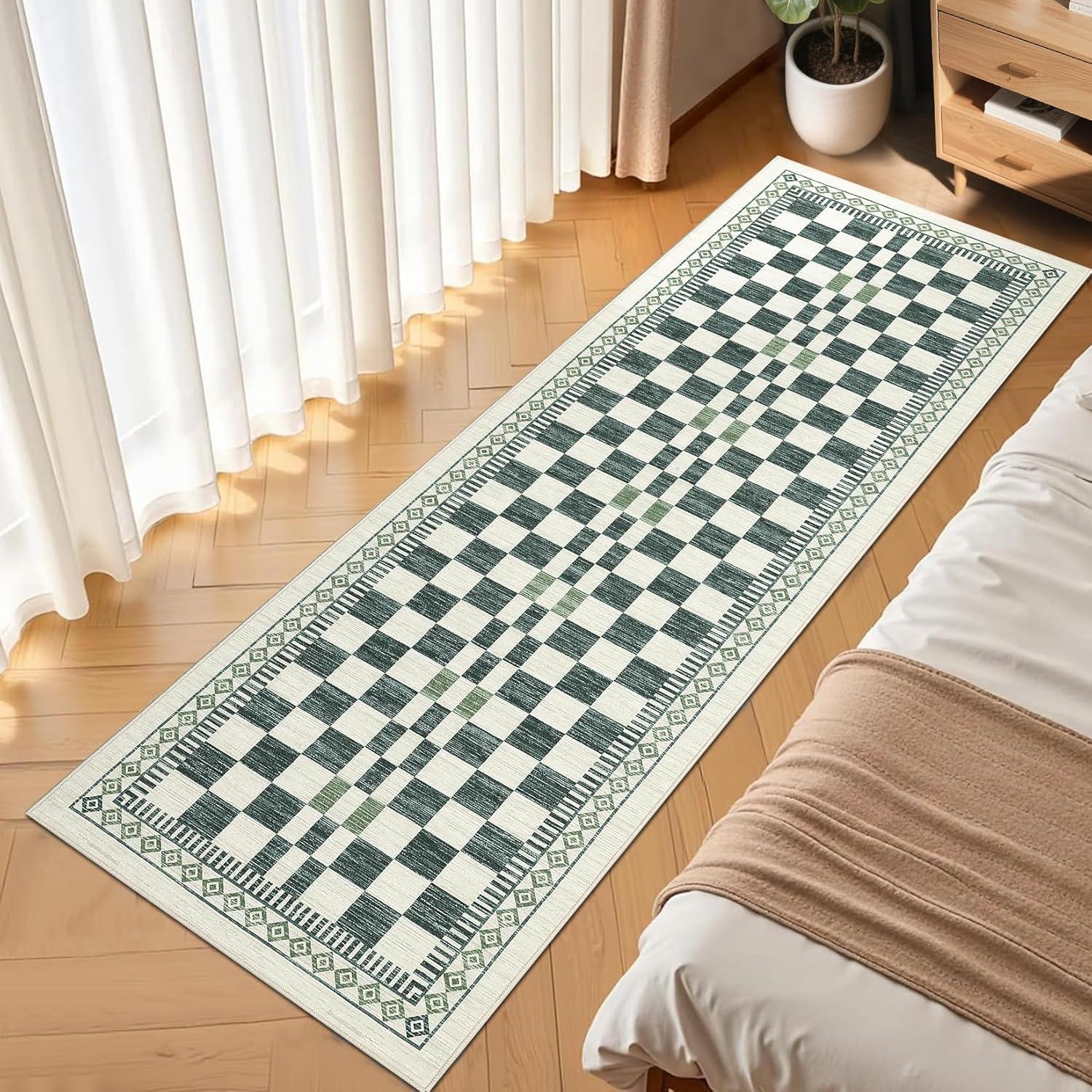 

Mid-Century Modern Runner Rug Non-Slip Colorful Geometric Plaid Floor Mat Washable Artistic Decorative Rug for Hallway Decor 40x120cm