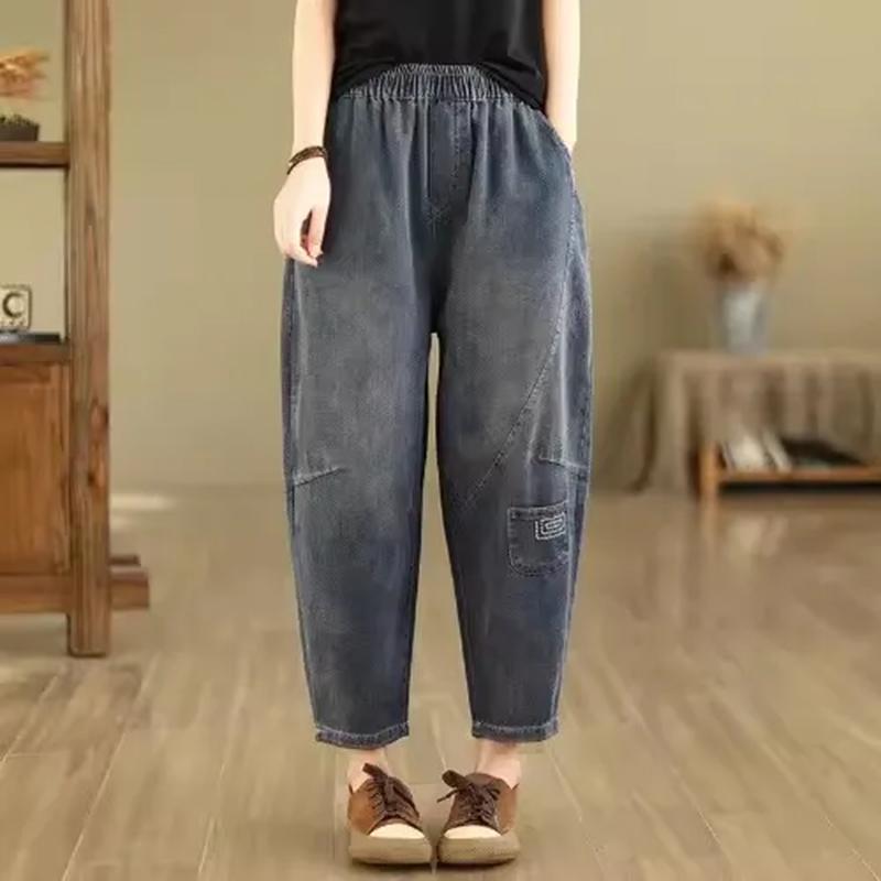 

Хлопковые брюки летние женские большие размеры свободные пижамные брюки универсальные повседневные льняные брюки с высокой талией широкие XXXL синий