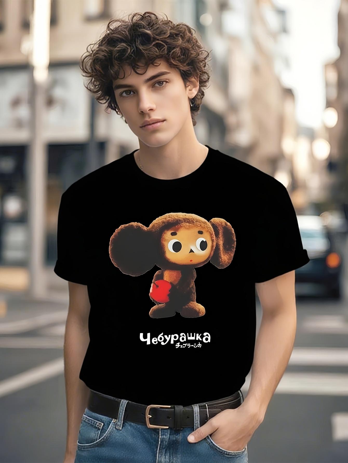 Cheburashka Anime Graphic T-shirt - Black Crew Neck Tee with Red Heart M
