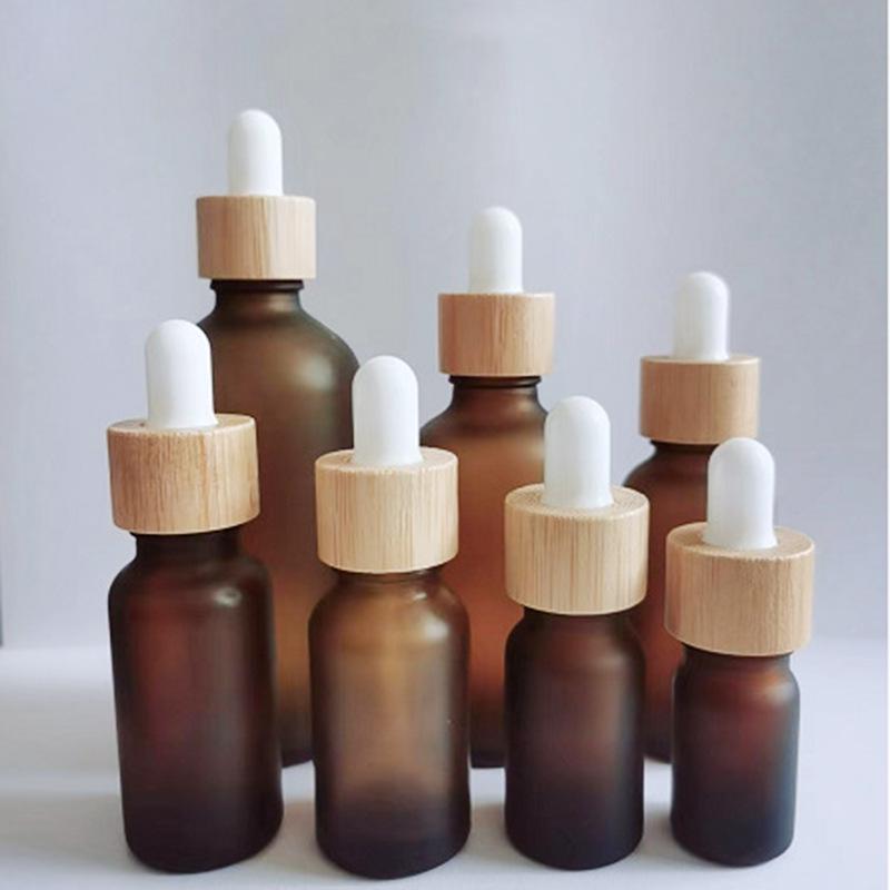Brown Glass Essential Oil Bottle with Bamboo Lid and Dropper for Cosmetics