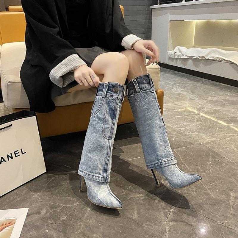 Fashion 2025 New Denim Knee High Women Shoes Winter High Heels Western Cowboy Pointed Toe Woman Goth Boots Stiletto Sexy Fashion Zapatos
