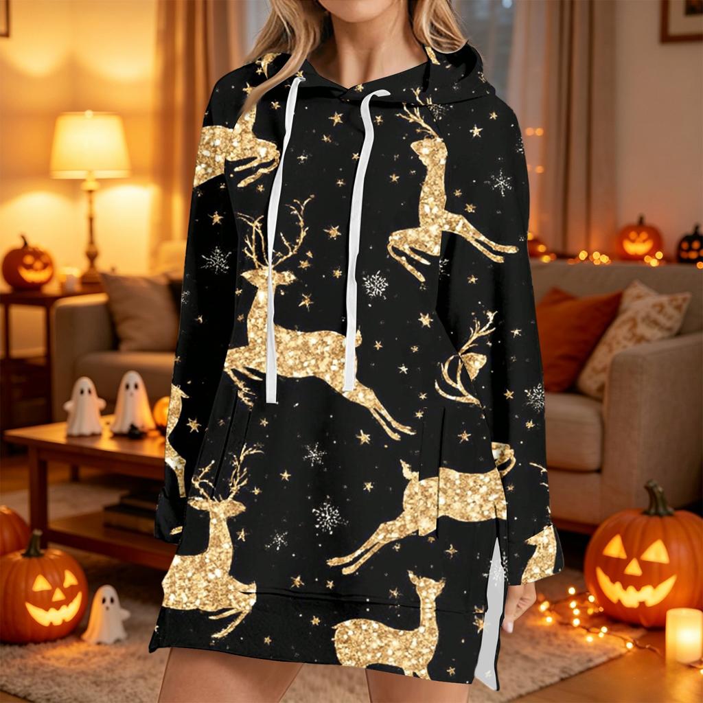 Women's Christmas Print Long Sleeve Hooded Sweatshirt with Festive Holiday Design