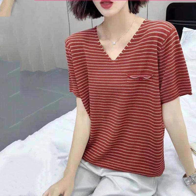 black white striped v neck short sleeve knit t shirt for women casual wear