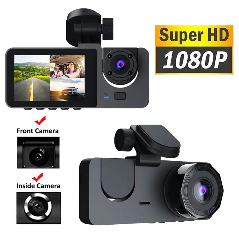 DVR para automóvil HD 1080P con 3 lentes para tablero de instrumentos, cámara de tres vías, grabadora de video, videocámara para tablero de instrumentos, pantalla IPS de 2.0 pulgadas y cámara trasera