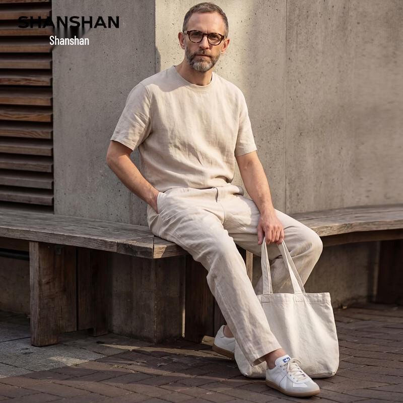 SHANSHAN Men's 100% Linen Breathable Short Sleeve T-Shirt & Shorts Set