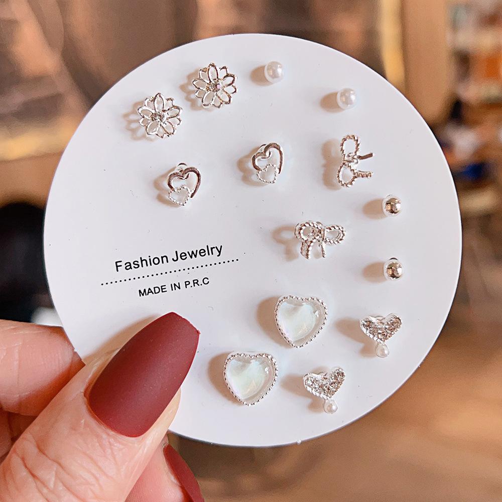 Titanium Steel One-week Stud Earrings 1 Combination Korean Fringed Bow Ins Versatile Cute Earrings for Women