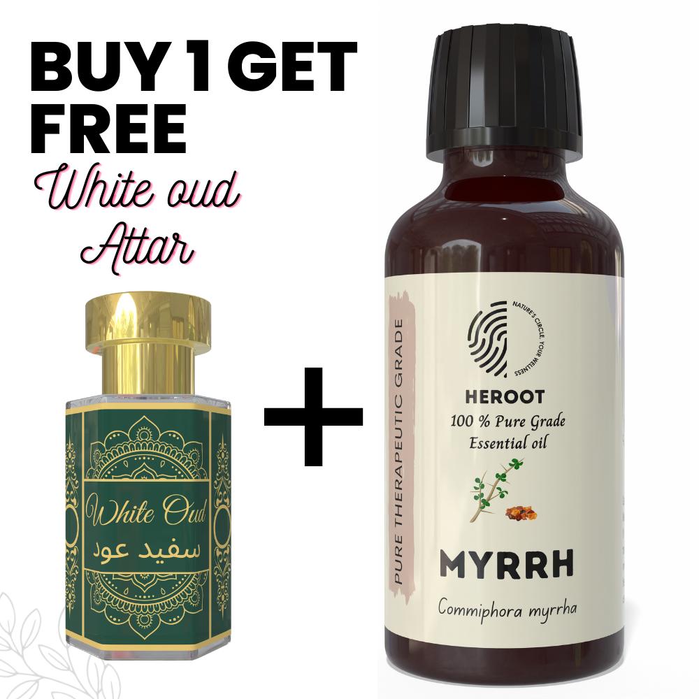 Myrrh Essential Oil 10ml for Aromatherapy & Home Fragrance get 1 Free 6 ml Attar – Aqua AQ, Dubai Oud, Aura, White Oud