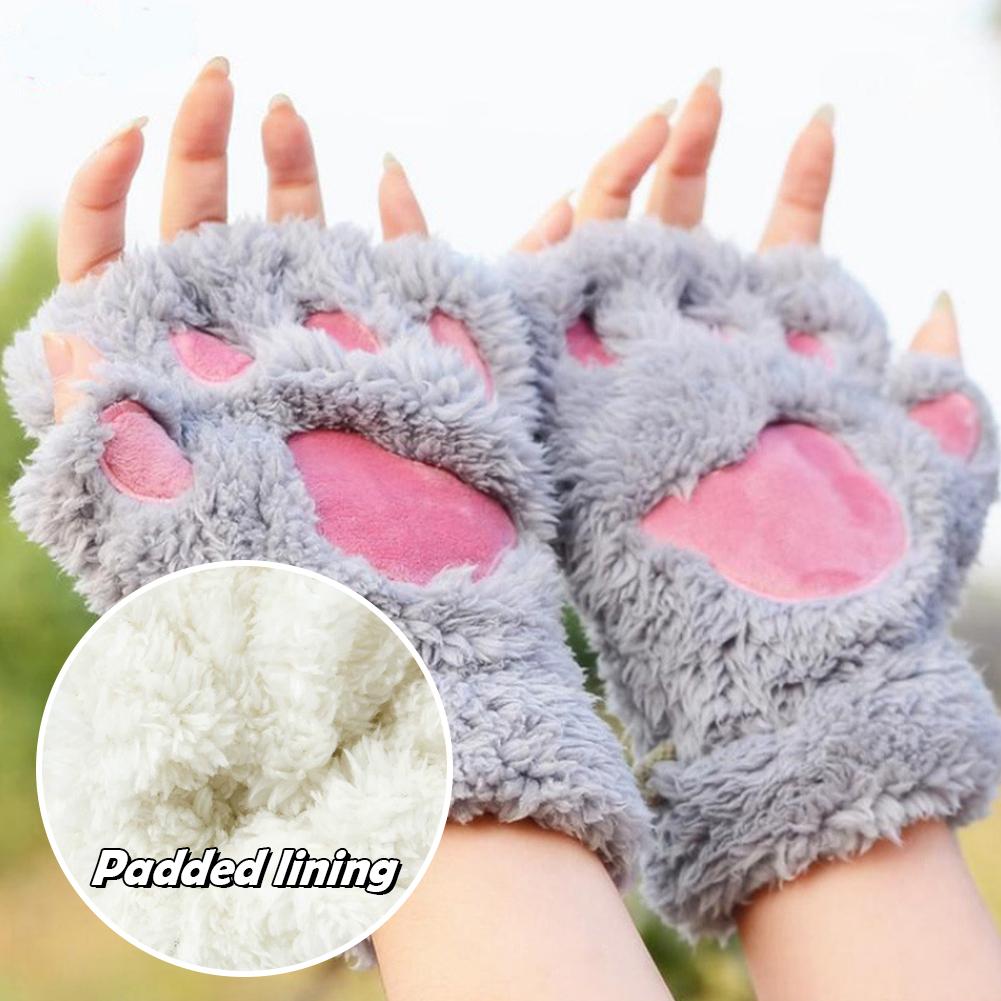 Cute Plush Cat Paw Gloves Thickened Fleece Warm Winterproof Half-finger Gloves Comfortable Soft Fabric Gloves for Adults Children