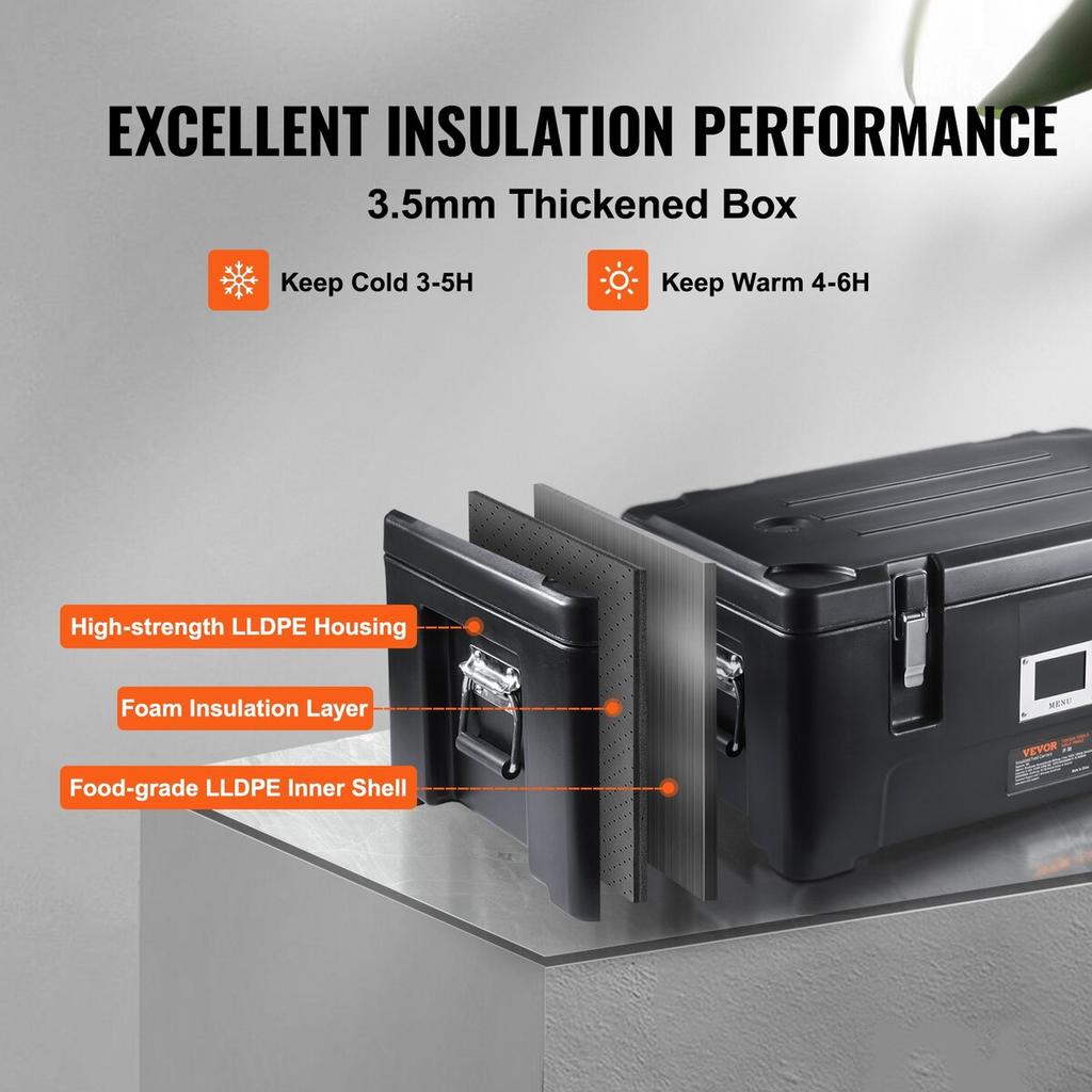 Insulated Food Pan Carrier, 36Qt Capacity, Stackable Catering Hot Box with 3 Stainless Steel Pans, Top Load LLDPE Food Warmer with Elastic Side