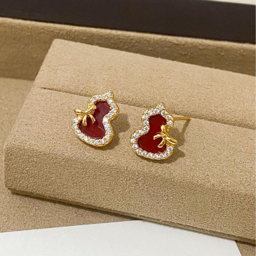 Elegant Chinese New Year Red Gourd Zirconia Stud Earrings for Women
