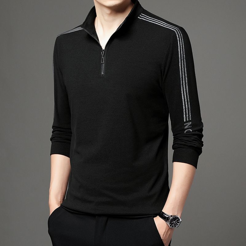 Wiosna Jesień Męski Slim Paski Długi Rękaw Sportowy T-shirt Ubrania Koreańskie Koszulki Streetwear Moda Męska Zapinana na Zamek Dolna Casual Top