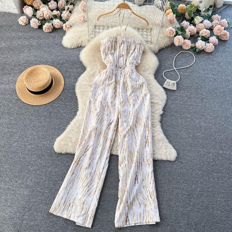 Spring and Summer New Holiday Travel Hot Street Tie-Dye Sling Fashion Chiffon Drape Halter Wide Leg One-Piece Long Pants