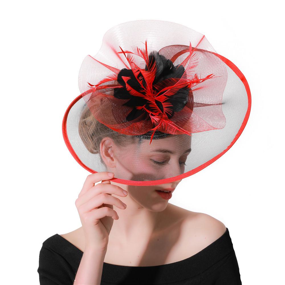 Boutique Banquet Mesh Top Hat Hemp Headdress Bridal Wedding Dress Mesh Red With Black Feathers