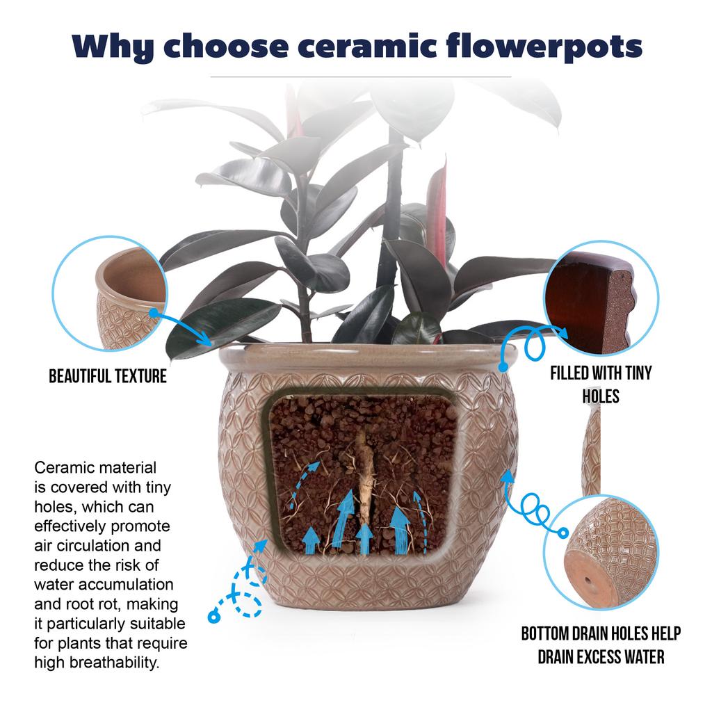 Single Handmade Ceramic Plant Pot (diameter 23 cm), Glossy Beige with Coin Relief, Breathable, Frost-Resistant, with Drainage Holes for Balcony Plants