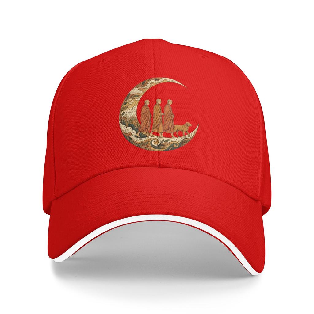 Walking for Peace Monks and Dog in a Crescent Moon Sun Baseball Cap Summer Couple Trucker Hat Sun Vintage Hunting Snapback Cap
