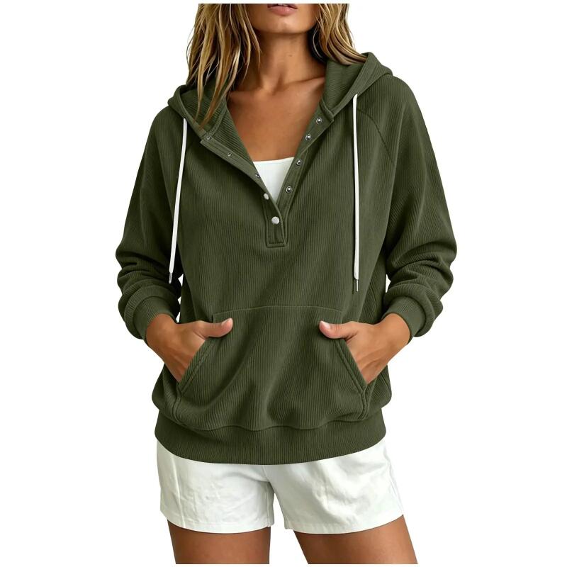Damen Halbknopf Kapuzenpullover Kordelzug Langarm Kängurutasche Locker Lässig Pullover Einfarbige Tägliche Streetwear Sweatshirt